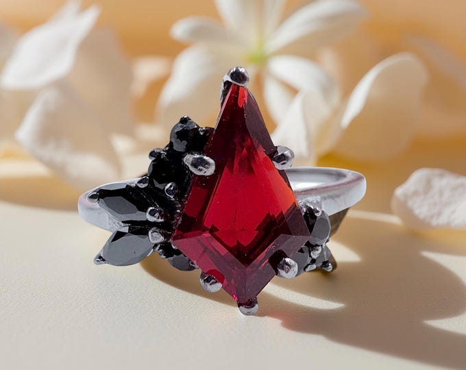 Gothic Kite Cut Garnet Ring, Black Spinel, Silver Tone
