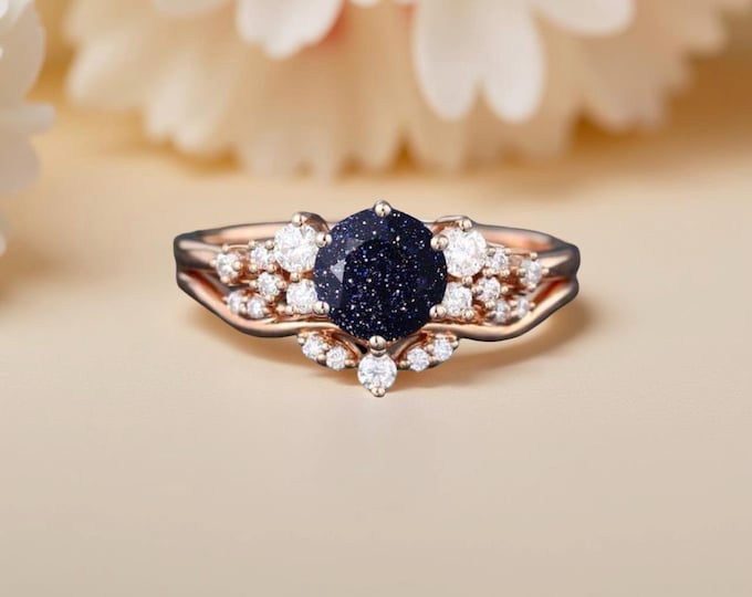 Handmade Midnight Blue Galaxy Ring, Split Shank Halo, Gothic Vintage Style