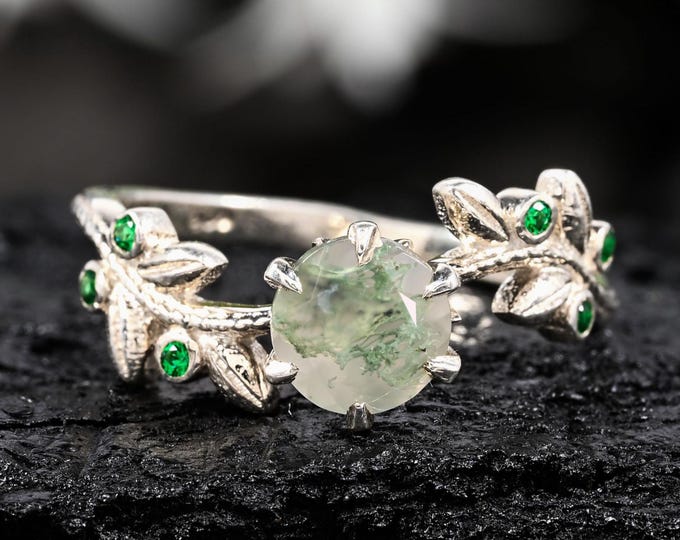 Moss Agate Sterling Silver Leaf Ring, Emerald Accent, Woodland Jewelry