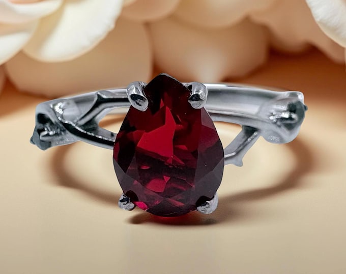 Gothic Pear Garnet Silver Ring | Dark Romance Statement