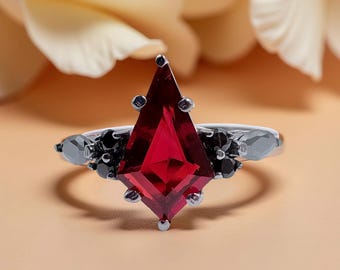 Kite Cut Garnet Ring, Gothic Dark Romance, Silver Statement Ring