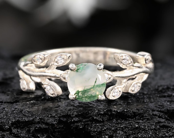 Moss Agate Sterling Silver Ring, Leaf Vine Band, Boho Engagement