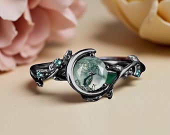 Art Nouveau Dendritic Agate Ring, Dark Finish Silver Pavé Statement Ring