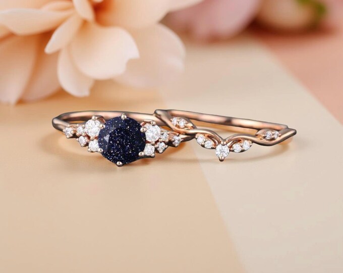 Rose Gold Sterling Silver Blue Quartz Ring, Art Nouveau Floral Statement