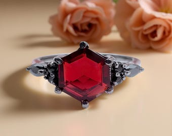 Hexagon Garnet Sterling Silver Ring, Art Deco Engagement Ring