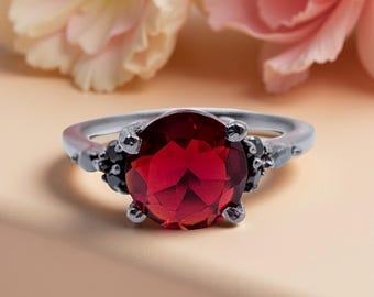 Vintage Style Garnet Engagement Ring, Sterling Silver with Black Accents