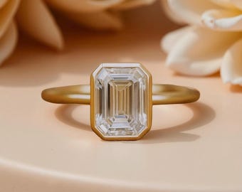 Emerald Cut Solitaire Ring, Bezel Set Cubic Zirconia, Minimalist Engagement Ring