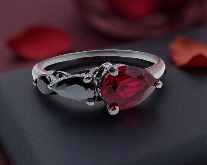 Pear Garnet Gothic Ring, Silver Tone, Dark Romance Statement