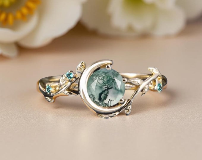 Moss Agate Vine Ring, Sterling Silver Crescent Setting, Boho Ring