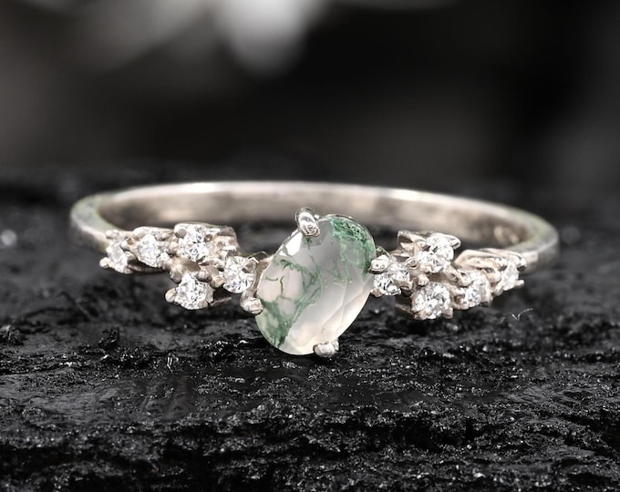 Sterling Silver Moss Agate Engagement Ring, Floral Cluster, Nature Inspired