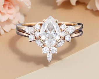 Pear Moissanite Bridal Set: Rose Gold Floral Halo, Leaf Engagement Ring