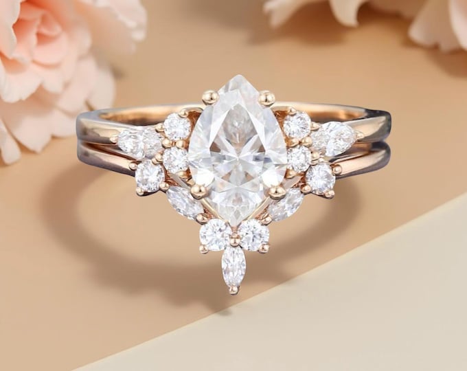 Pear Moissanite Bridal Set: Rose Gold Floral Halo, Leaf Engagement Ring