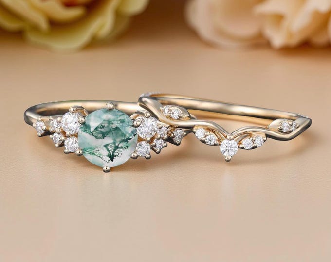 Dendritic Agate Ring Set, Rose Gold Floral Halo, Pear Cut Engagement Ring