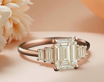 Emerald Cut Diamond Engagement Ring • Art Deco Five Stone Bridal Ring