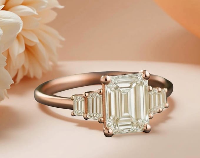 Emerald Cut Diamond Engagement Ring • Art Deco Five Stone Bridal Ring