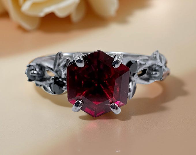 Gothic Kite Cut Garnet Ring, Black Spinel, Silver Tone