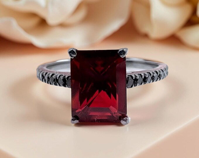 Emerald Cut Garnet Silver Ring, Gothic Statement Jewelry