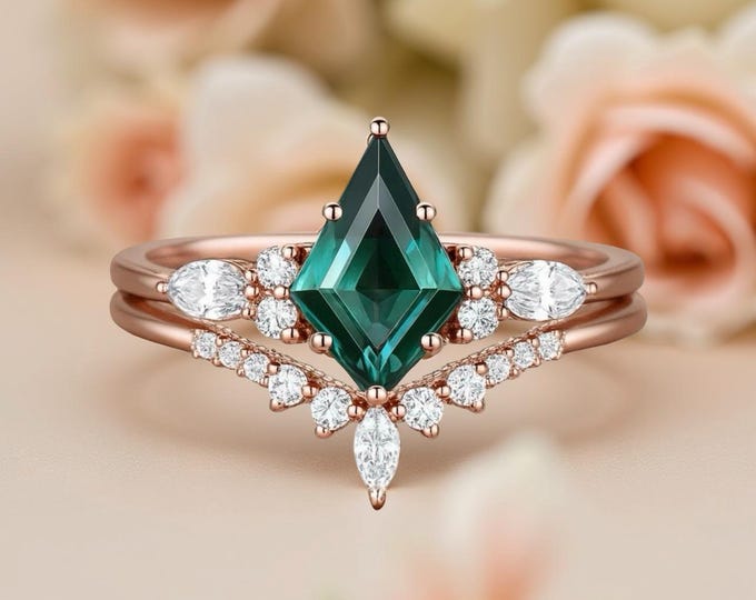 Kite Cut Green Emerald Ring, Rose Gold Plated Sterling Silver, Bridal Engagement Ring