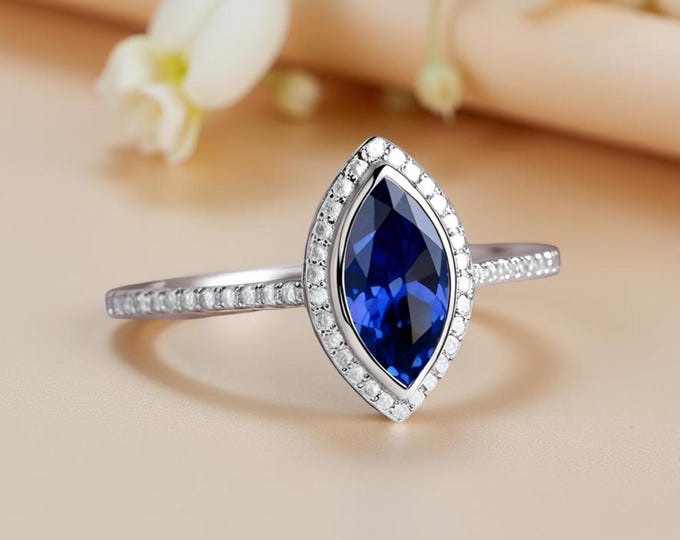 Marquise Blue Sapphire Halo Ring, Sterling Silver Pavé Band