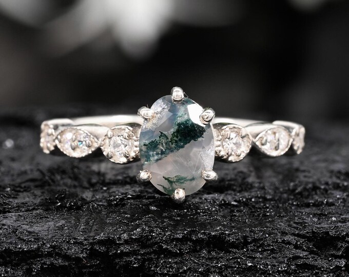 Oval Moss Gem Silver Band with Leaf Accents • Nature Inspired Handmade Jewelry