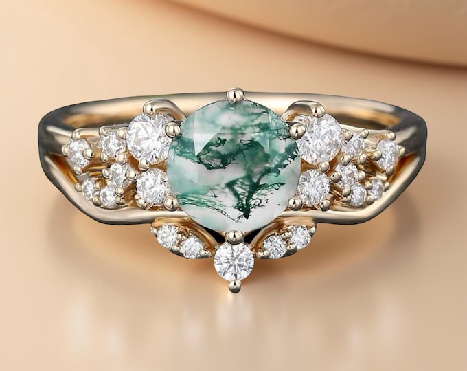 Vintage Style Moss Agate Ring, Yellow Gold, Diamond Accents
