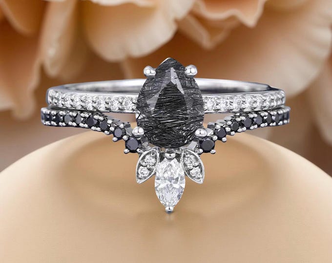 Pear Black Rutilated Quartz Ring, CZ Accent, Sterling Silver Double Band