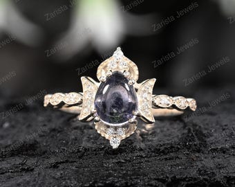 Pear Iolite Ring, Vintage Floral Halo, Gold-Plated Sterling Silver