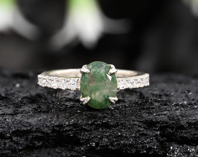 Oval Moss Agate Engagement Ring – Sterling Silver, CZ Band
