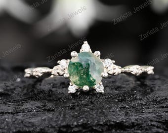 Sterling Silver Moss Agate Ring, Diamond Accent, Textured Band