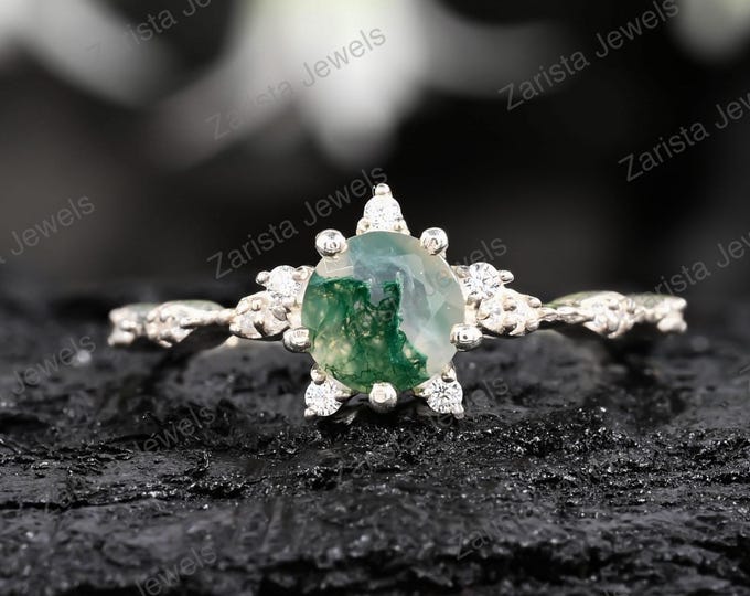 Sterling Silver Moss Agate Ring, Diamond Accent, Textured Band