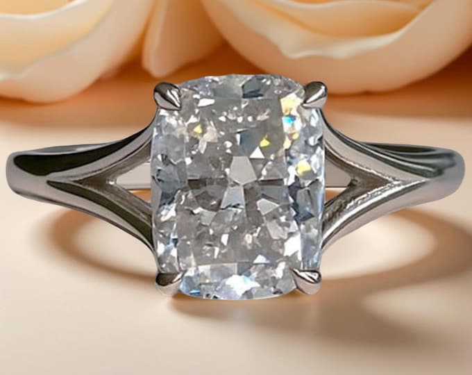 Cushion Cut Moissanite Engagement Ring, Split Shank Cathedral Setting, Sterling Silver