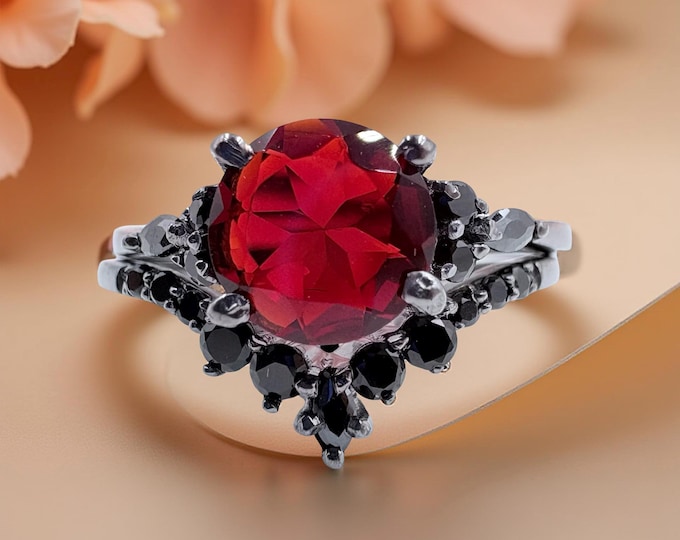 Gothic Garnet Ring | Black Spinel, Victorian Silver Engagement