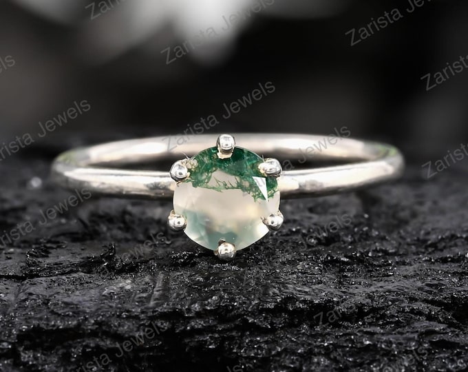 Dainty Moss Agate Sterling Silver Ring, Botanical Gemstone Band