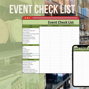 May include: An event checklist displayed on a computer screen and a smartphone. The checklist includes sections for venue, finance, and operations, with fields for tasks, responsible parties, deadlines, and completion dates. The background features shelves with round boxes.