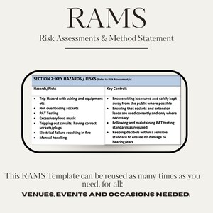 May include: A document titled "RAMS Risk Assessments & Method Statement" with a table listing key hazards and key controls. The template is reusable for venues, events, and occasions. The text is in black on a cream background.