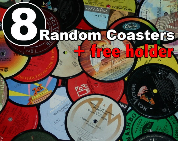 8 Vinyl record coasters AND holder (random set)