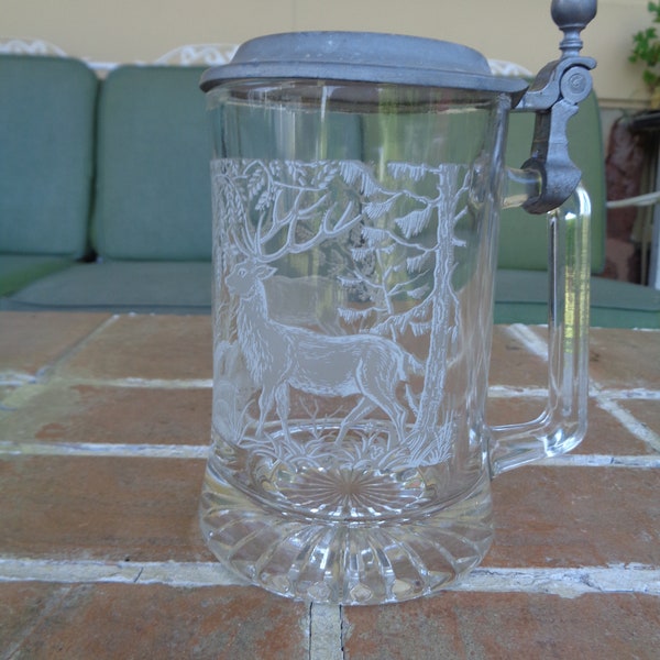 vintage glass crystal beer stein Italy stage Bavarian tankard Octoberfest etched barware