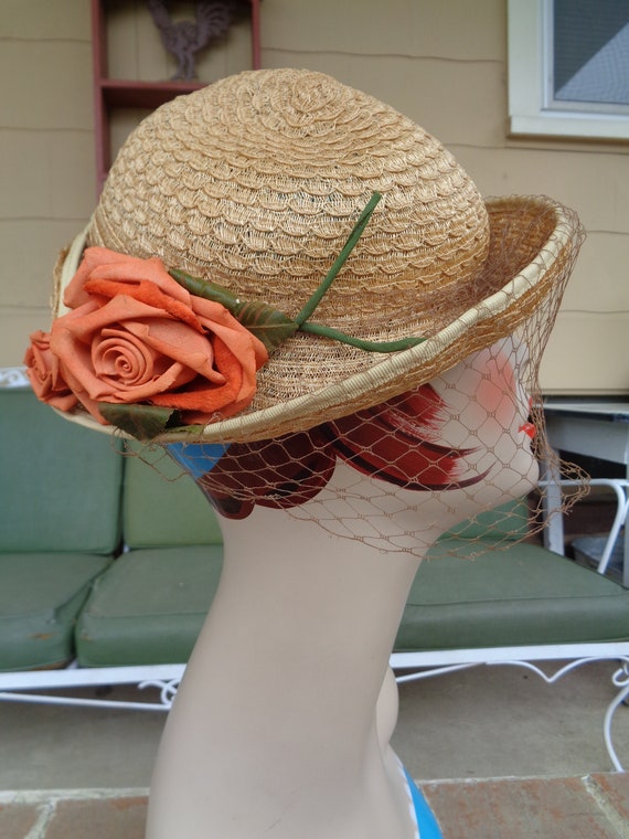 vintage women's hat natural straw flowers 1930's … - image 1