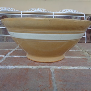 Antique yellow ware mixing bowl pottery farm house 11&quot; single white band primitive rustic decor LARGE