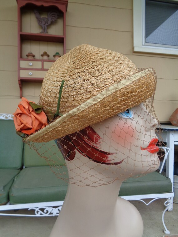 vintage women's hat natural straw flowers 1930's … - image 3