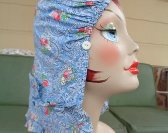 vintage bonnet 1900's feed sack paisley cap millinery textiles farm house costume