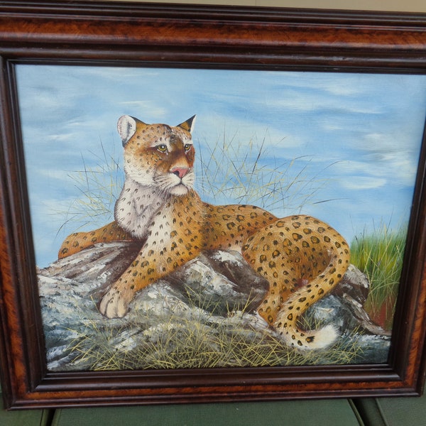 Vintage original signed painting leopard W Chapman framed art 30" x 26"