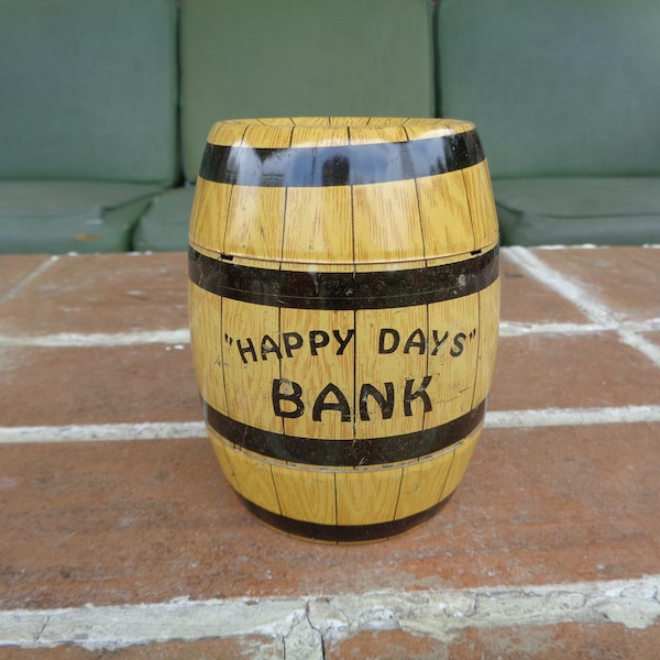 Vintage metal toy bank Happy Days 1940-50's J Chein Co USA barrel novelty