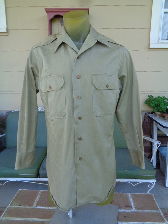 Vintage Men's Original Shirt Khaki Post WWII Military 1950's Long
