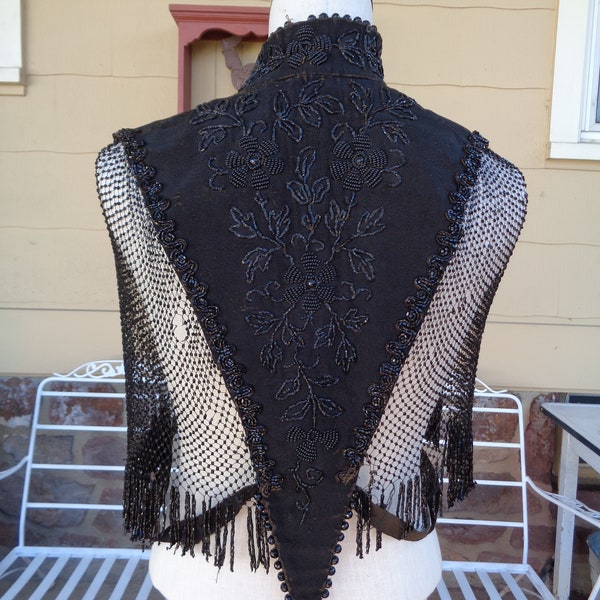 Antique women's  Victorian mourning cloak cape beaded 1890's textiles gothic black