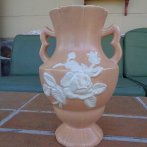 Jarrón de cerámica weller vintage con doble asa cameo rosa art deco floral 7.5&quot; rosas