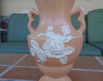 Vintage weller pottery vase double handle cameo pink art deco floral 7.5" roses