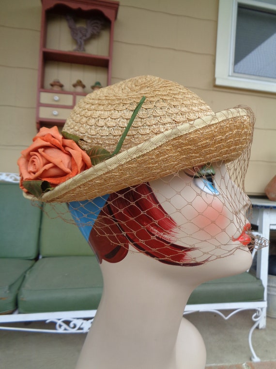 vintage women's hat natural straw flowers 1930's … - image 4