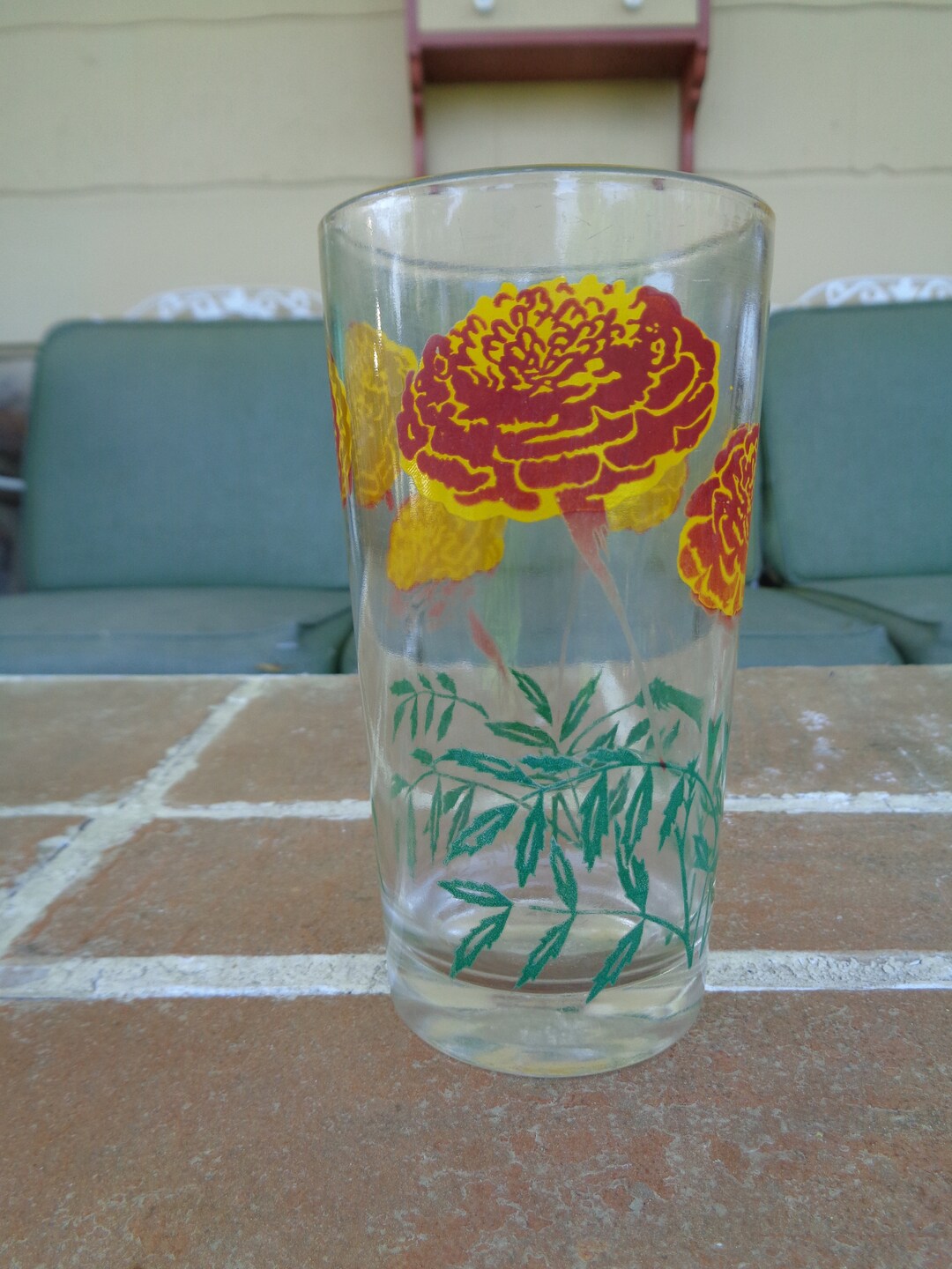 Vintage Peanut Butter Glass Boscul Marigold Red Flower Floral 1950's