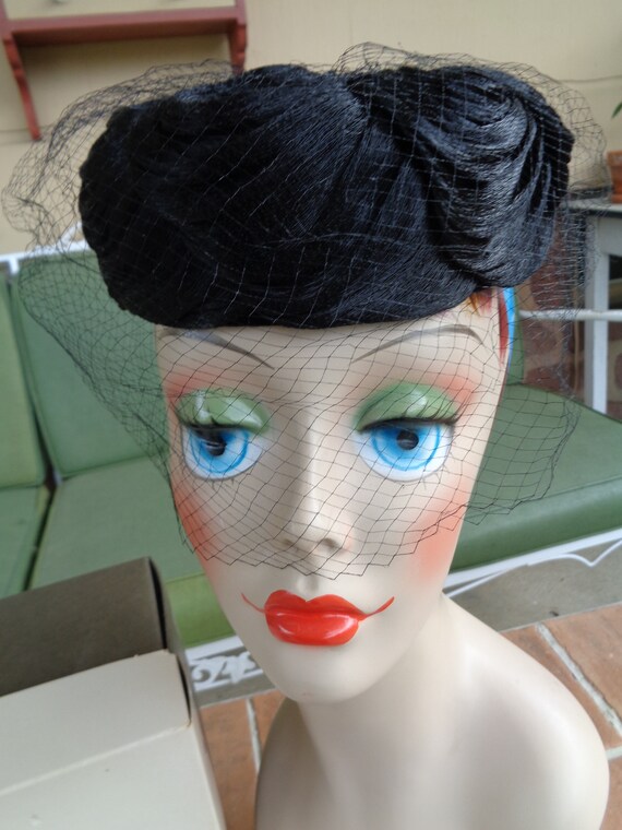 Vintage Women S Pill Box Hat 1950 S Horsehair Black Etsy